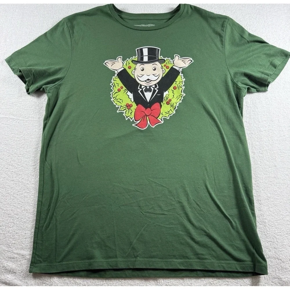 T Shirt Mr Monopoly Board Game Character Christmas Holiday Wreath Old Navy Large